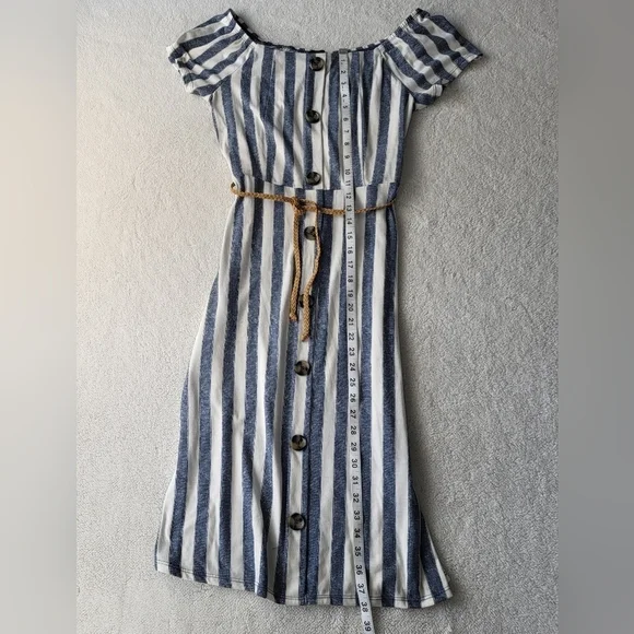 Derek Heart Blue Striped Belted Summer Dress Button Down Off Shoulder Option - Picture 6 of 9